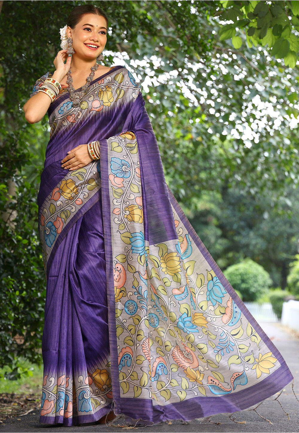 Purple Linen Cotton Digital Batik Printed Traditional Looks Saree