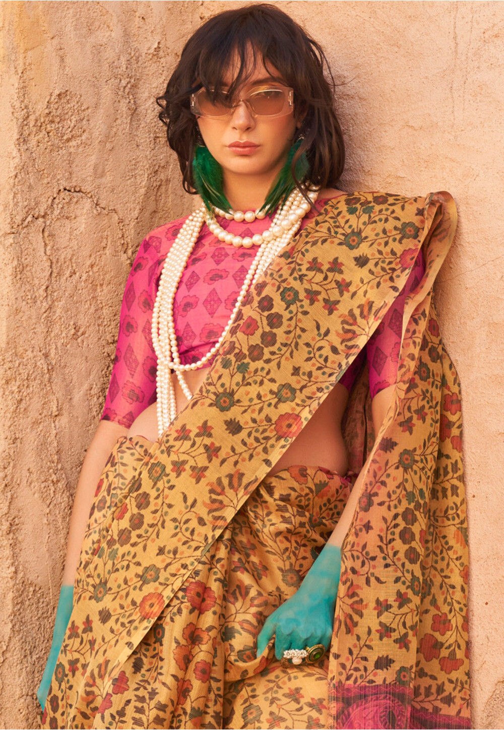 Yellow Printed Cotton Silk Saree main image 1