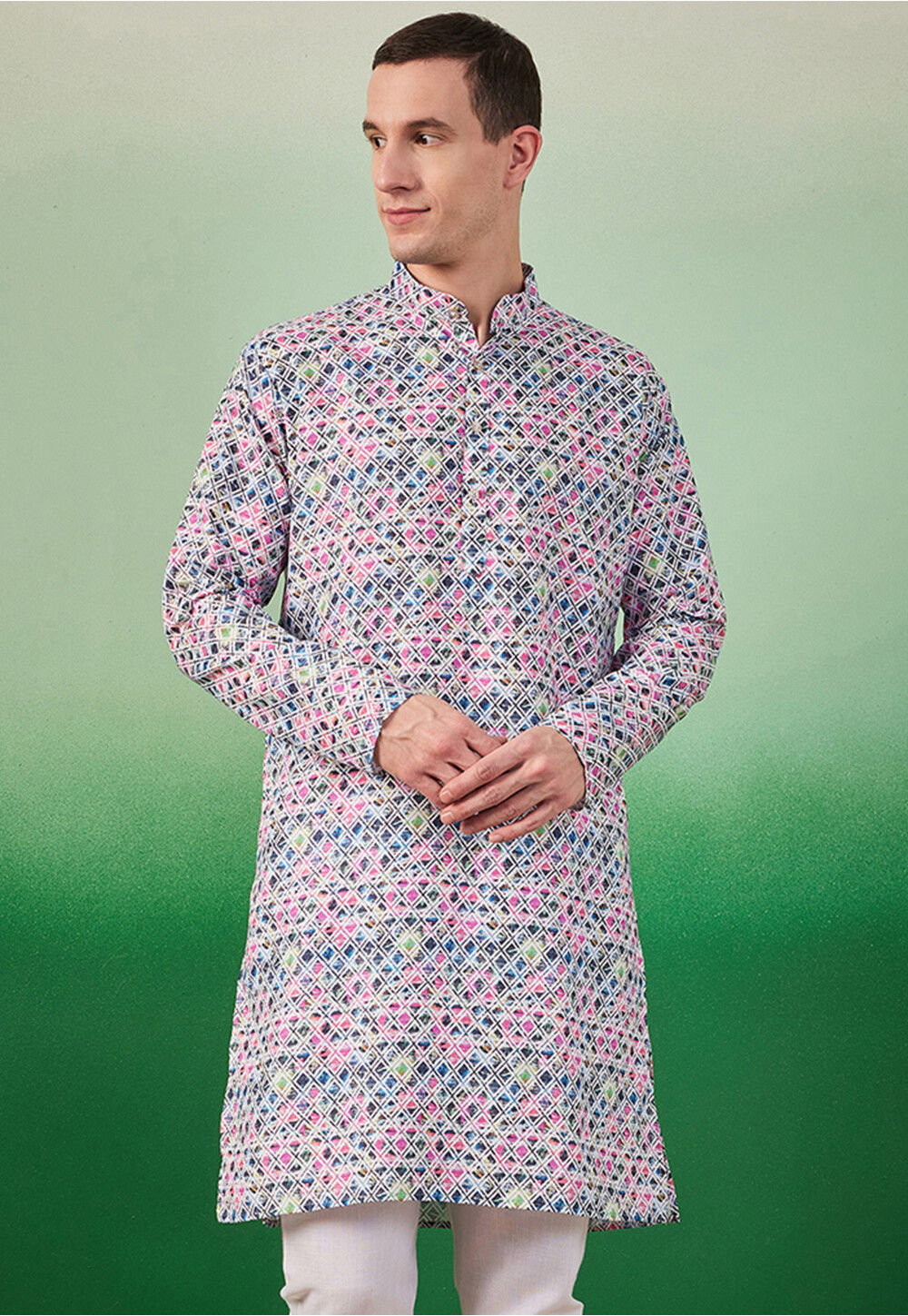 Multi Printed Half Sleeve Cotton Slub Anarkali Kurta main image 1
