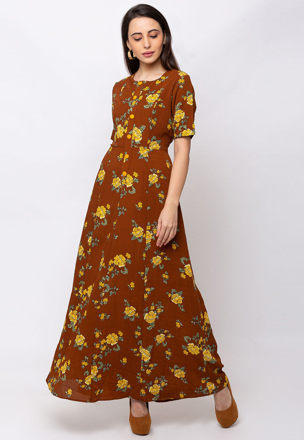 Berrylush Maroon Floral Printed Maxi Dress - Absolutely Desi