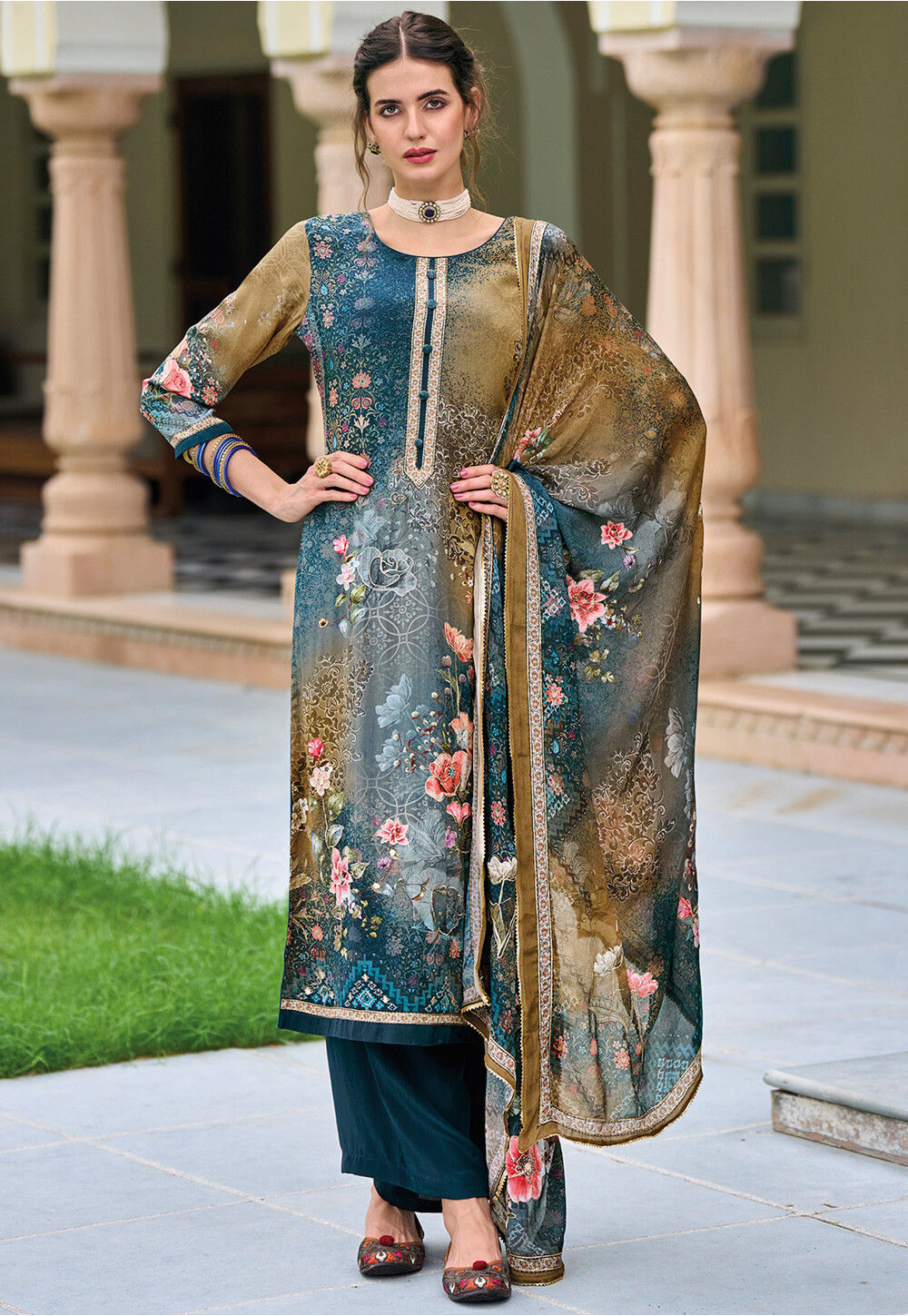 Elegant Green Crepe Silk Salwar suit material for women -RIDA001GSS –  www.soosi.co.in
