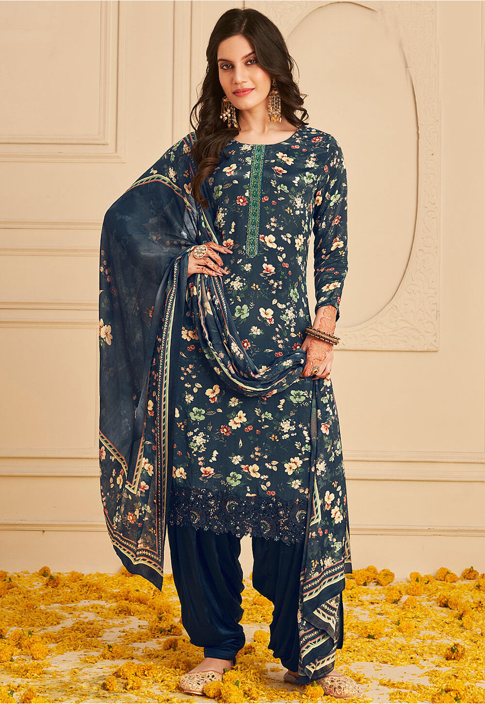 Printed silk punjabi suit.wtsapp pic for details. | Churidhar designs,  Designer punjabi suits, Patiala dress