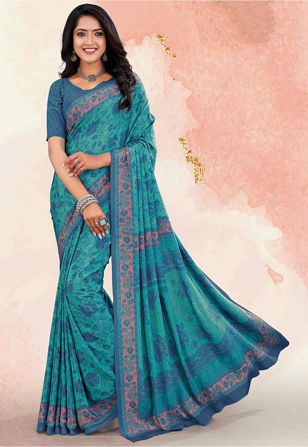 Mint Blue Floral Print Satin Crepe Saree