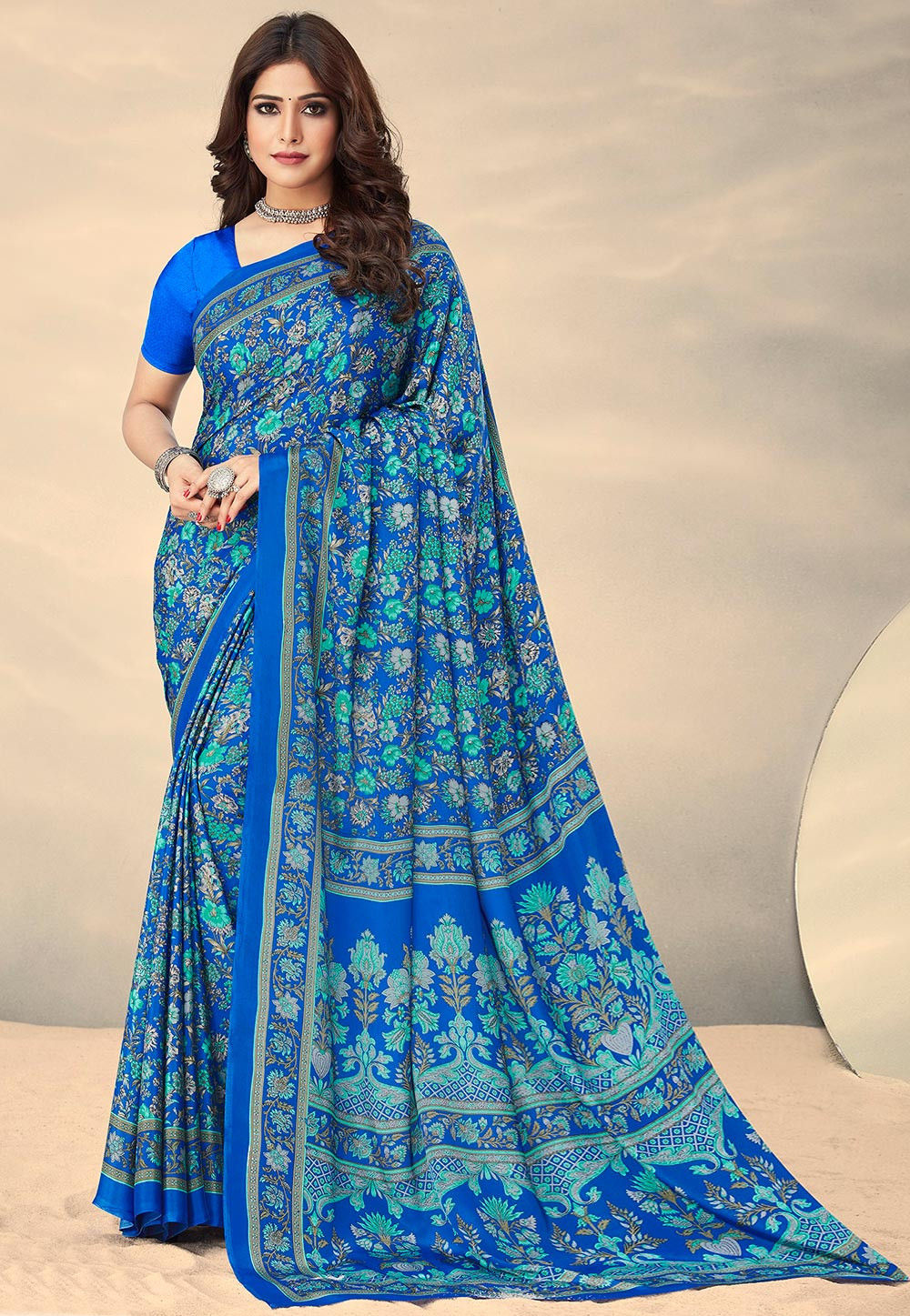 Digital Printed Crepe Saree in Navy Blue