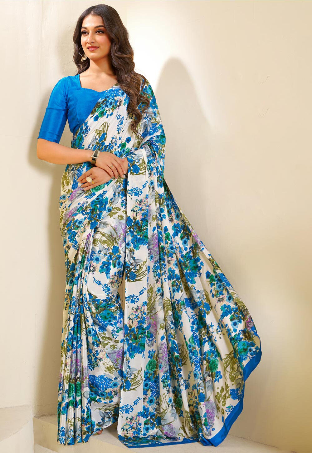 Off White Crepe Silk Position Digital Foil Printed Saree