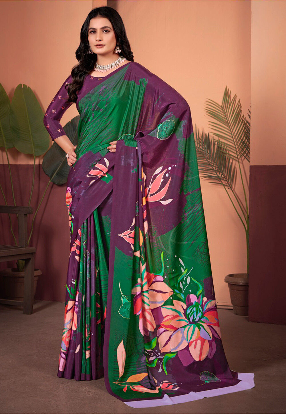 Orange Crepe Silk Position Digital Foil Printed Saree