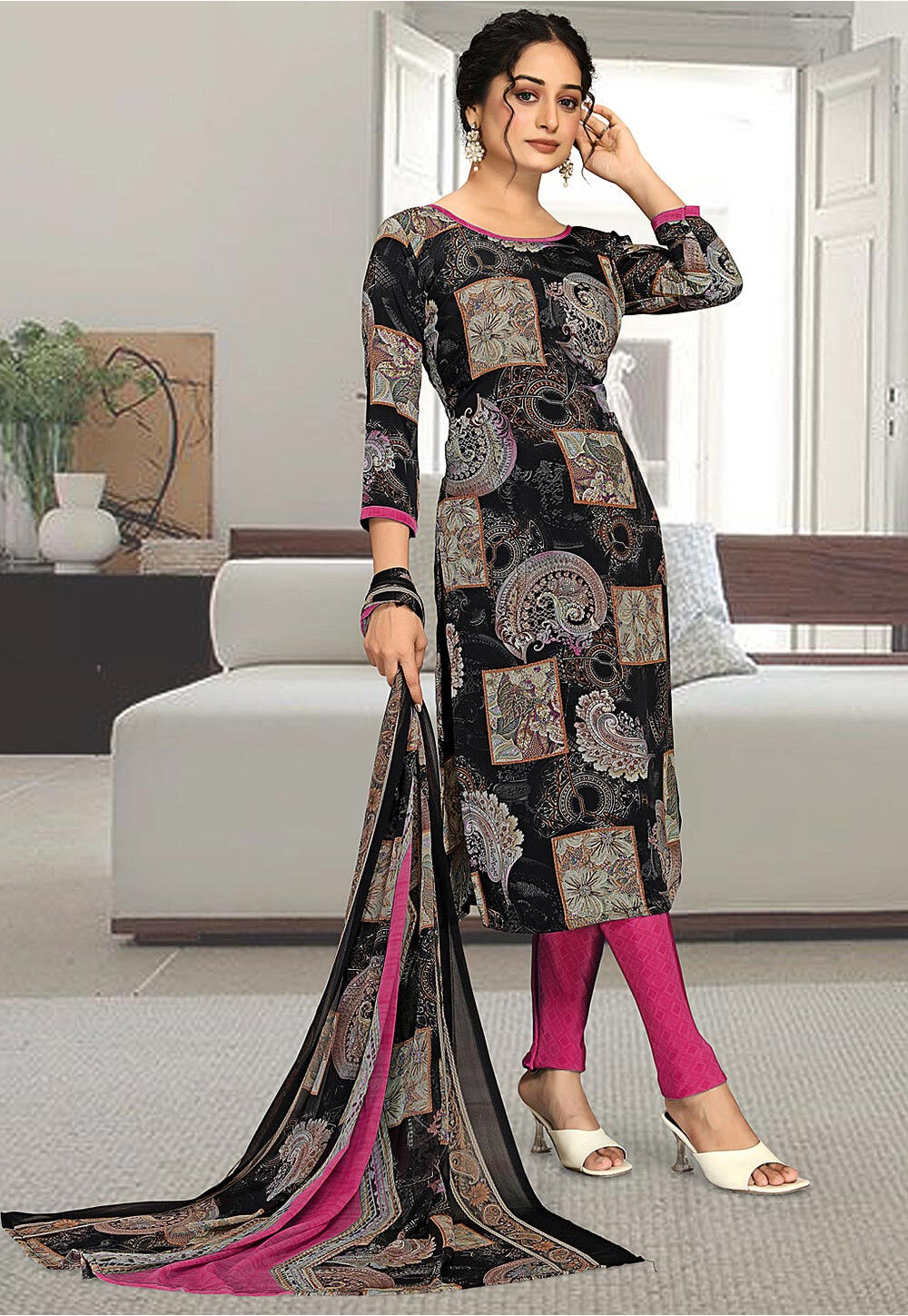 Digital Printed Crepe Straight Suit in Black KCV1945