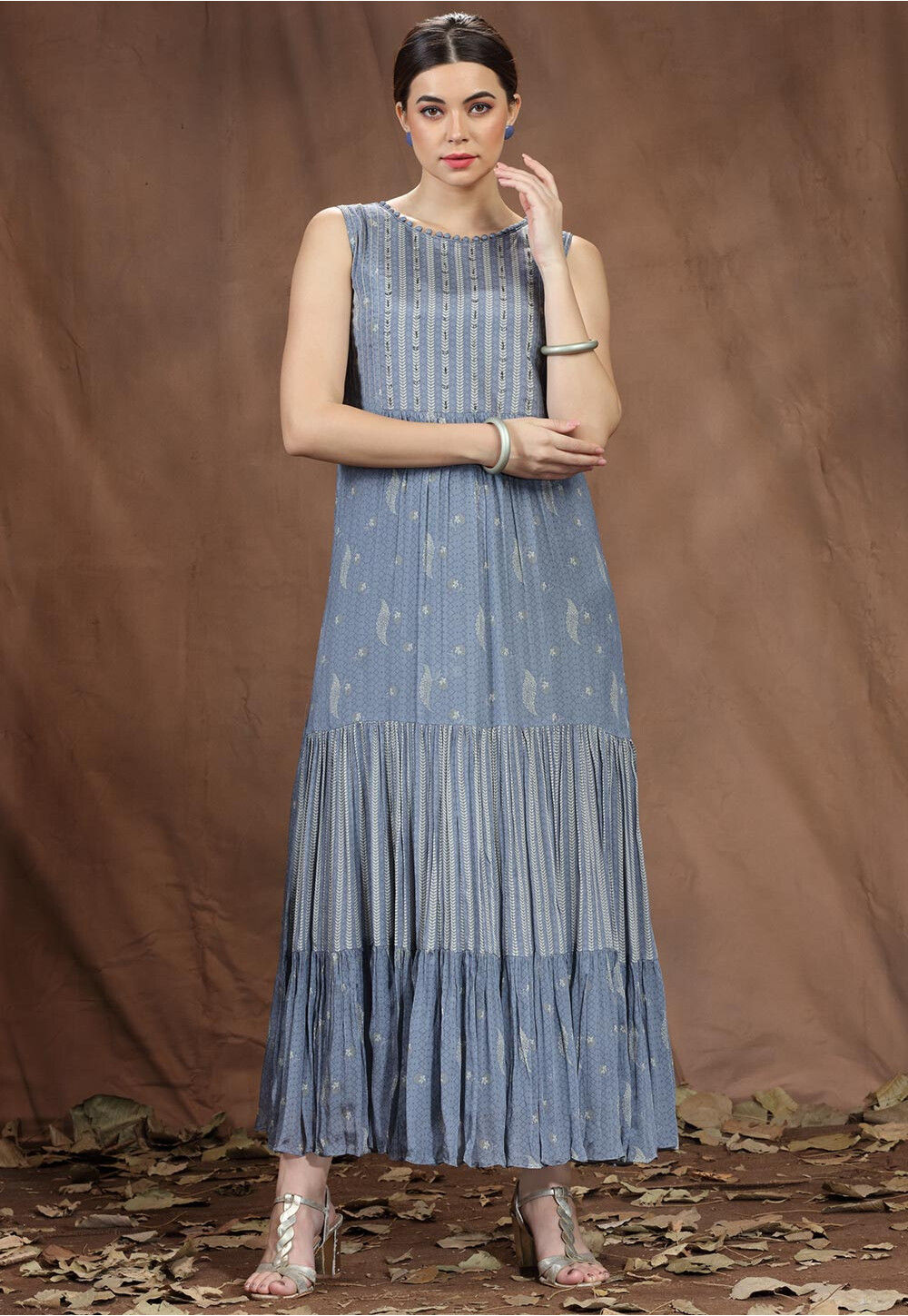 Digital Printed Crepe Tiered Dress in Blue TBE655