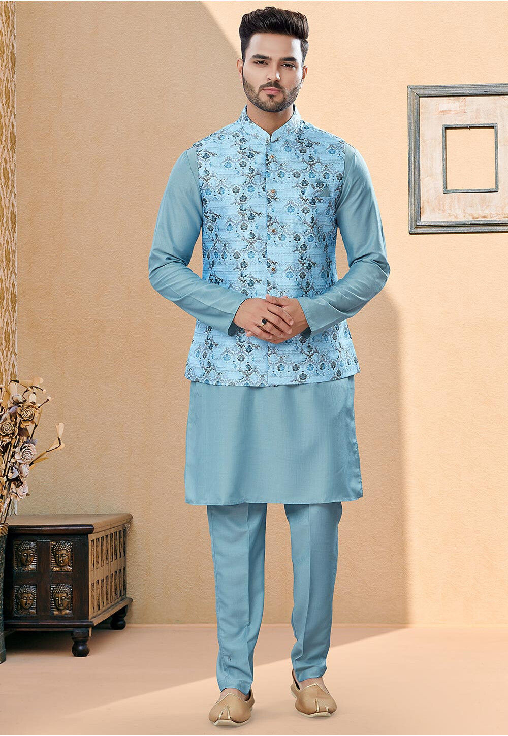 Buy Khadi Cotton Textured Kurta Pajama with Nehru Jacket - Light Blue  (KDB-959667)