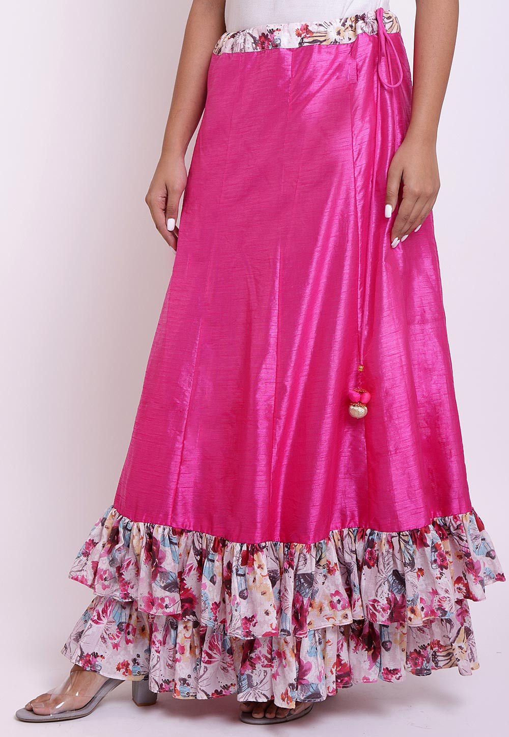 Digital Printed Dupion Silk Layered Ruffled Skirt in Fuchsia : BNJ588