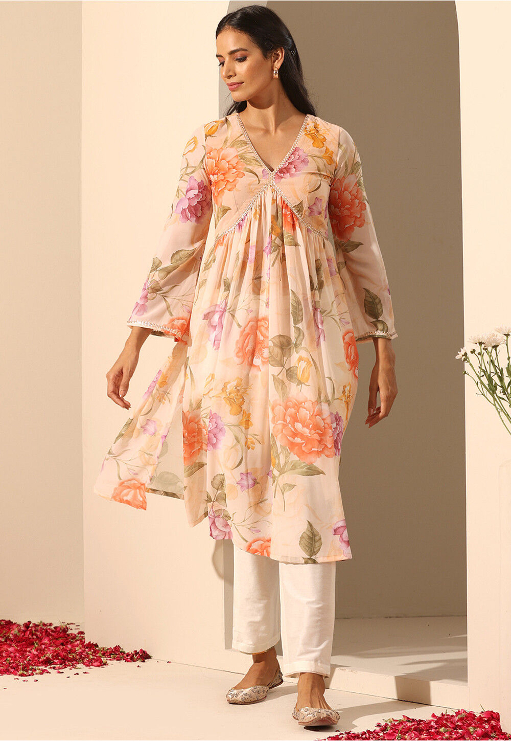 Digital Printed Georgette Alia Cut Kurta Set in Light Orange