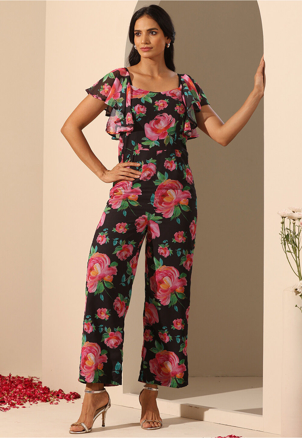 Printed jumpsuit in pleated georgette