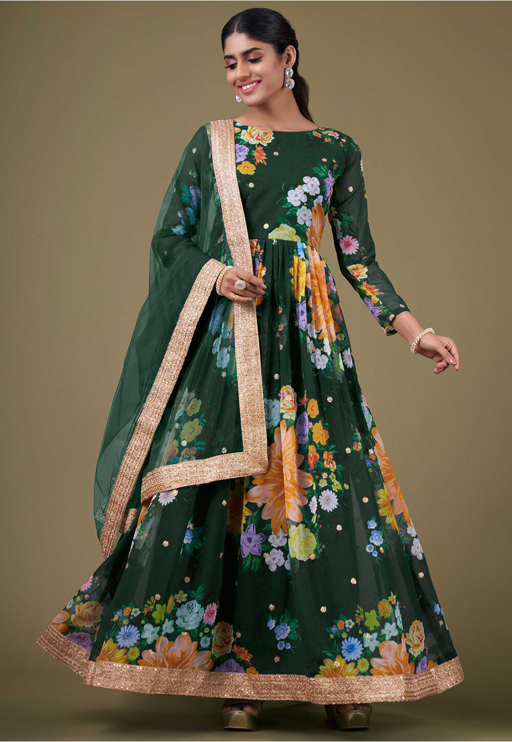 Digital Printed Georgette Abaya Style Suit in Dark Green Salwar Kameez - Main Image