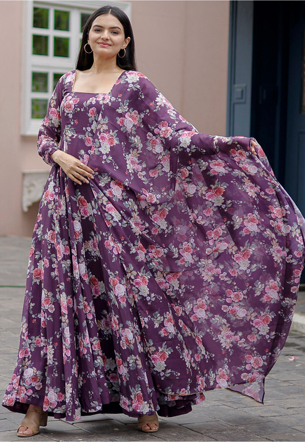 Buy Digital Printed Georgette Abaya Style Suit in Dark Purple Online KTU55 Utsav Fashion
