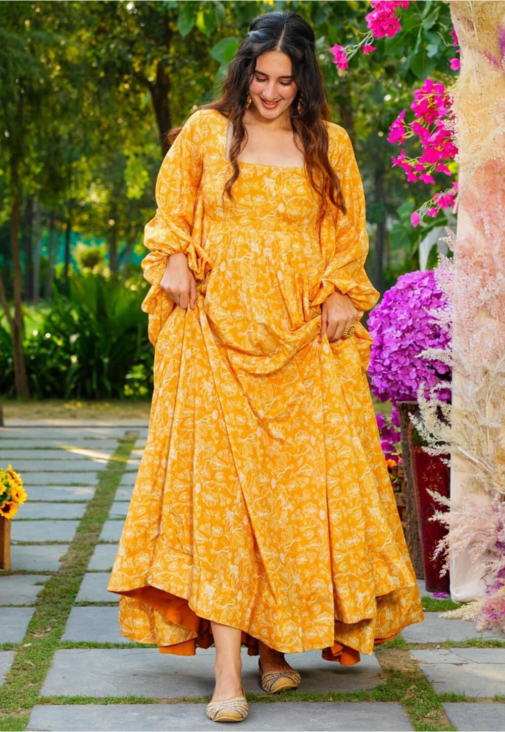 Mustard Digital Print Gown with Embellished Belt main image 0