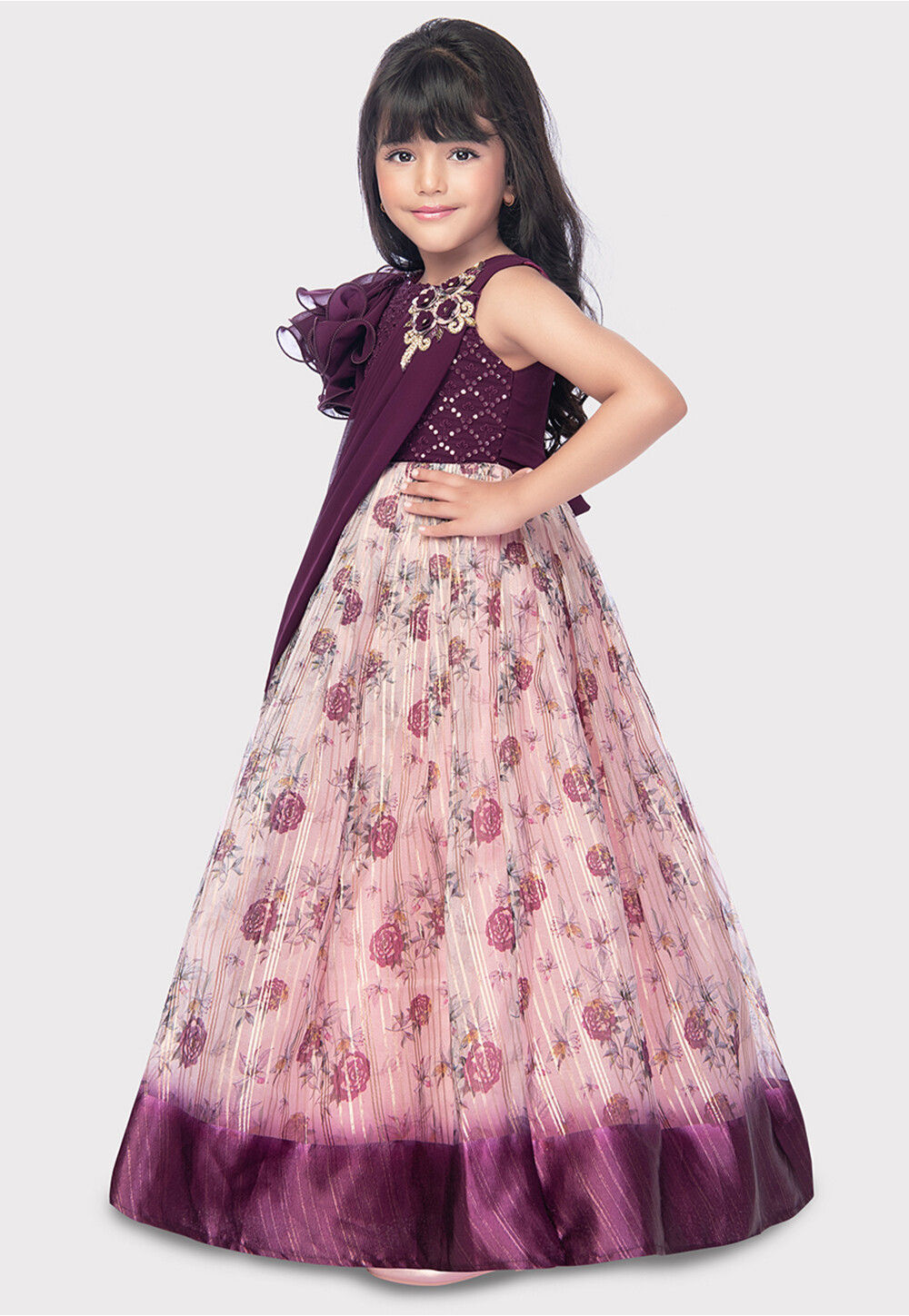 Pink Georgette Draped Dress with Attached Necklace and Dupatta main image 0