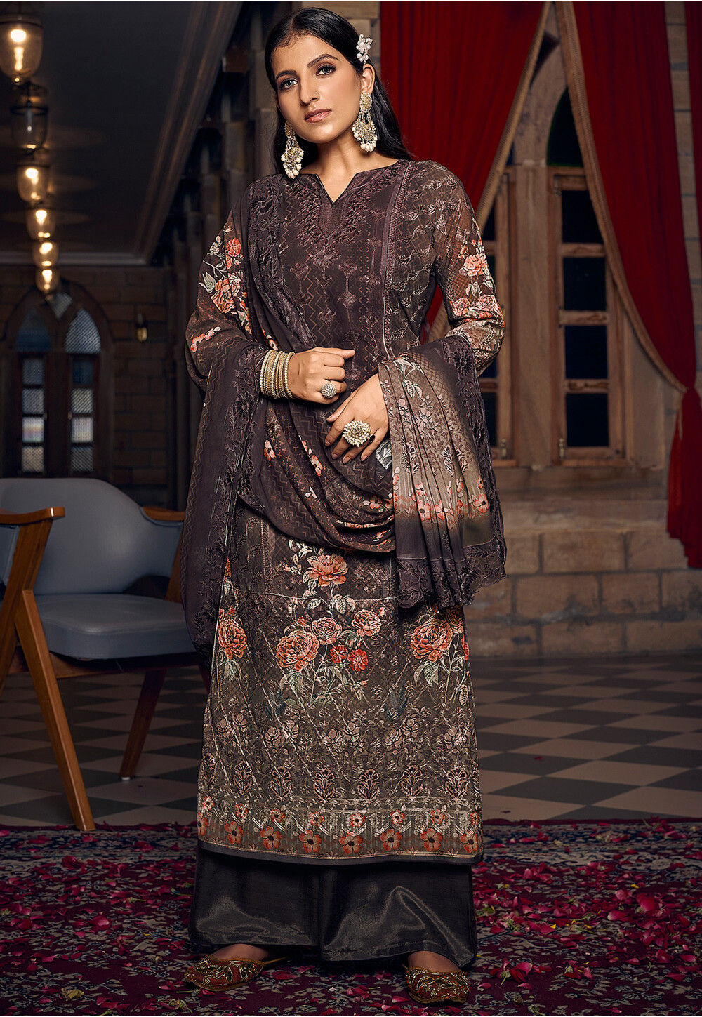 Digital Printed Georgette Pakistani Suit in Brown : KVG77