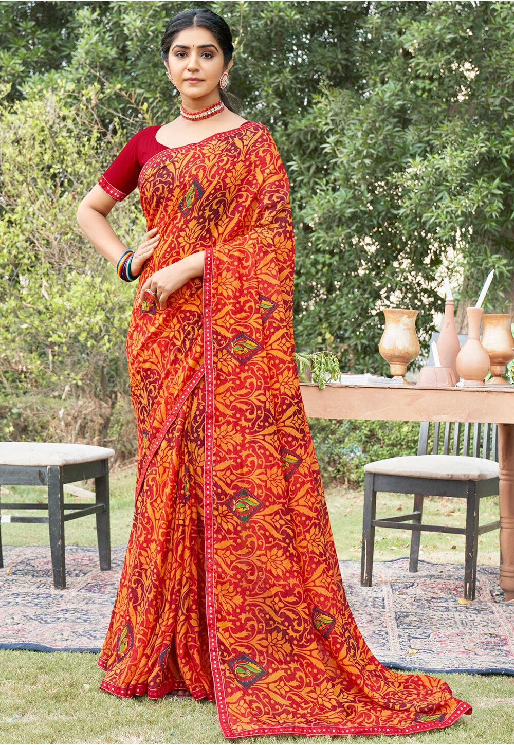 Shop Latest Pre Stitched Foral Print Cherry Red Saree Online