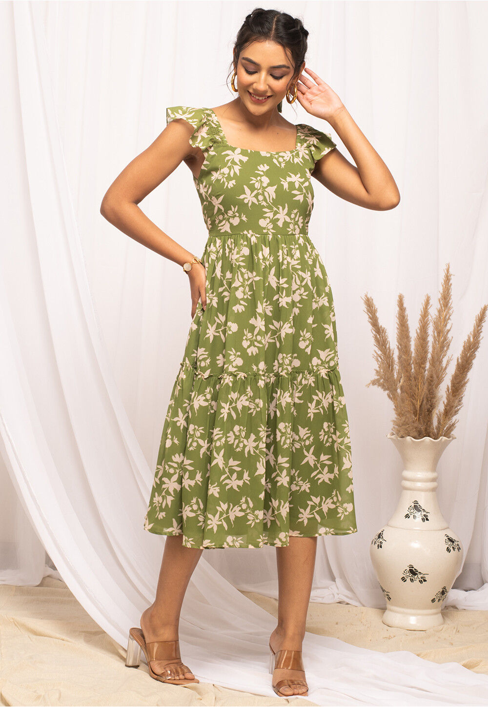 green emerald velvet dress Olive Green Smocked Midi Dress – SHOP TRUE VINE BOUTIQUE main image 1