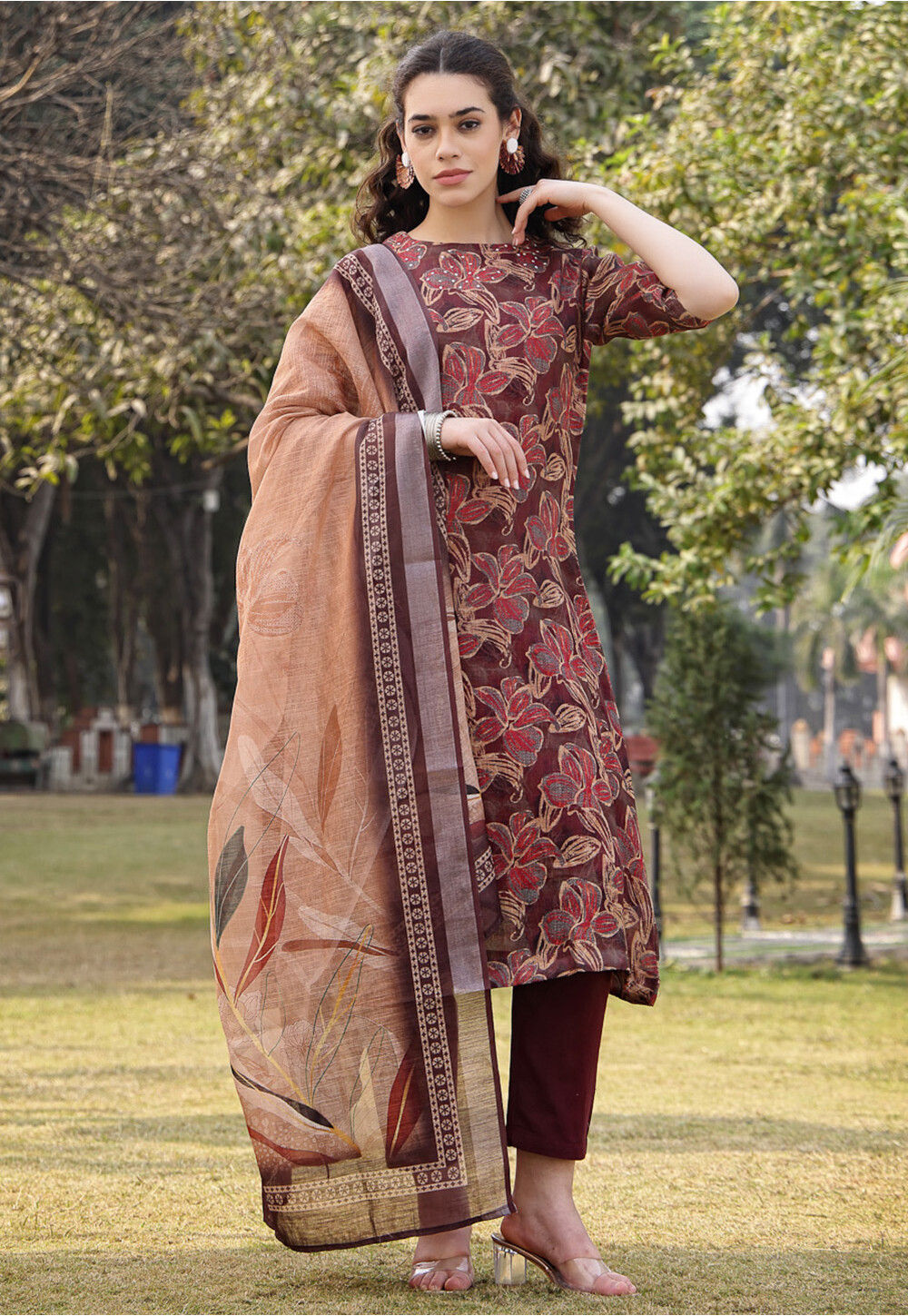 Line Patterned Suit Buy Digital Printed Linen Cotton A Line Suit in Brown Online : KJL2673 ...