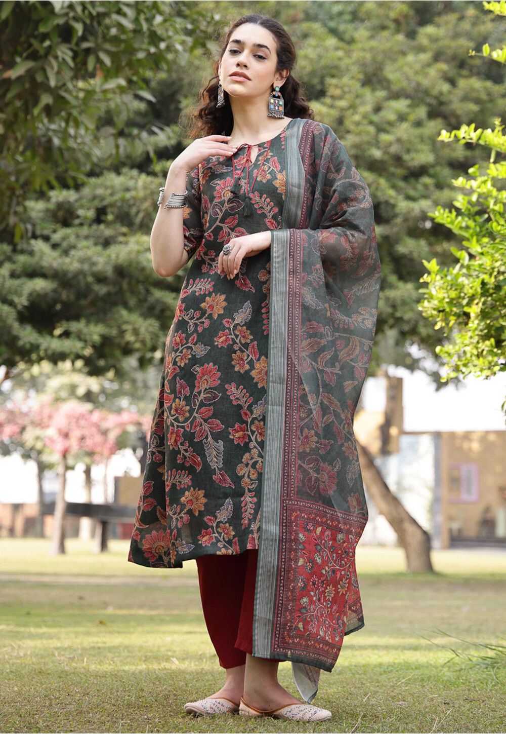 Line Patterned Suit Buy Digital Printed Linen Cotton A Line Suit in Dark Green Online ...