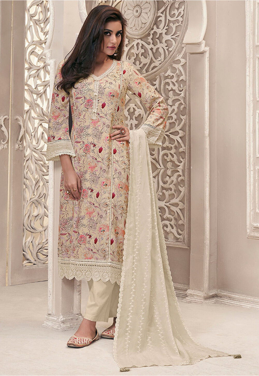Buy Digital Printed Linen Cotton Pakistani Suit in Off White Online :  KKE211 - Utsav Fashion