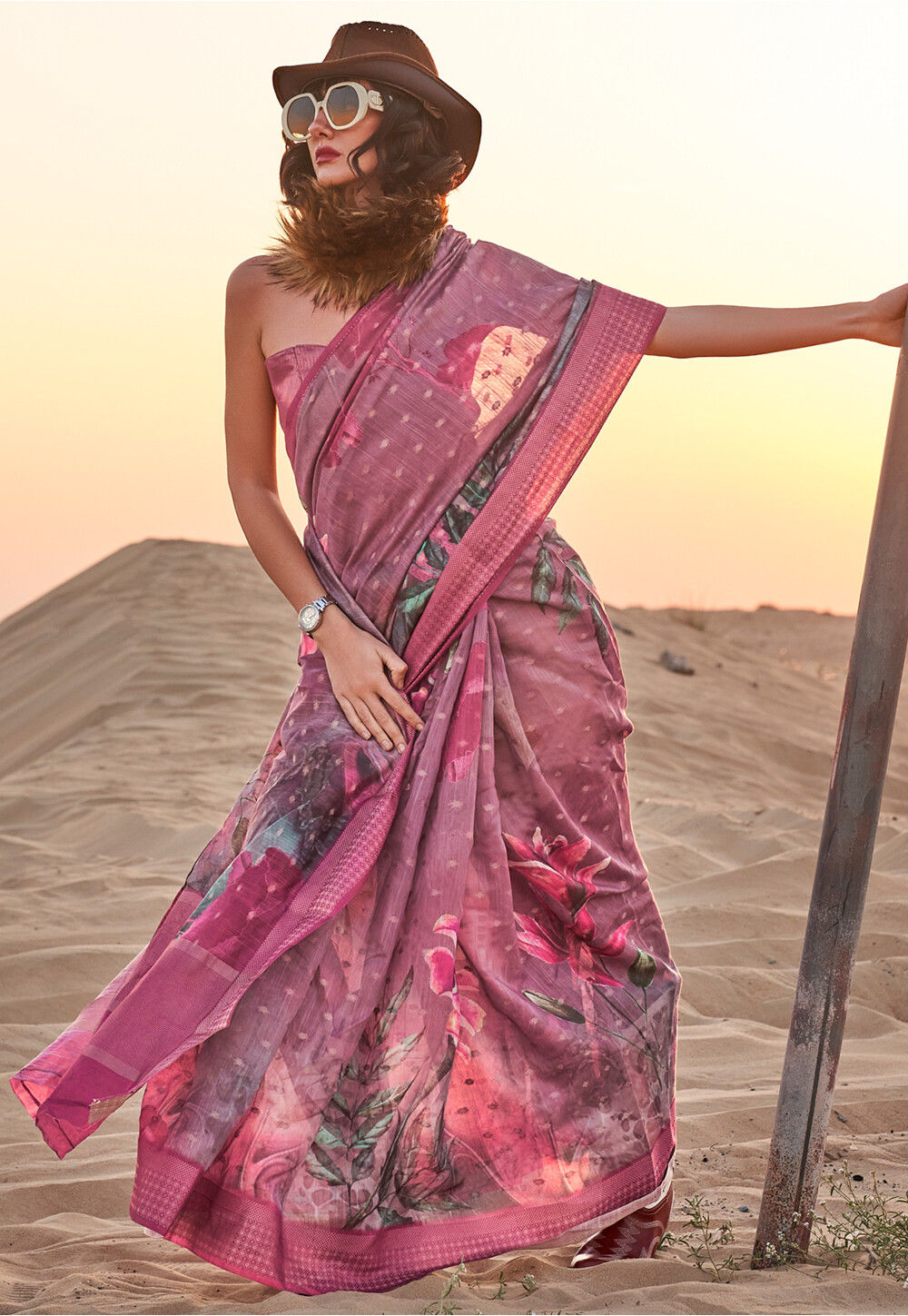 Purple Linen Cotton Digital Batik Printed Traditional Looks Saree main image 0
