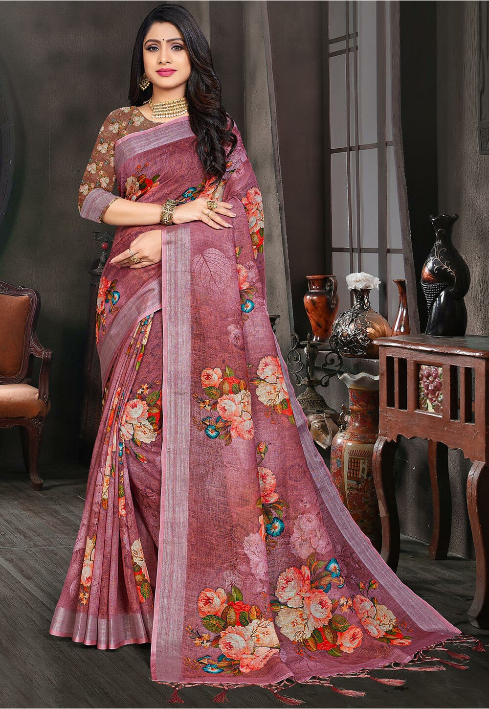 Pink Color Linen Saree with Digital Print and katha Work