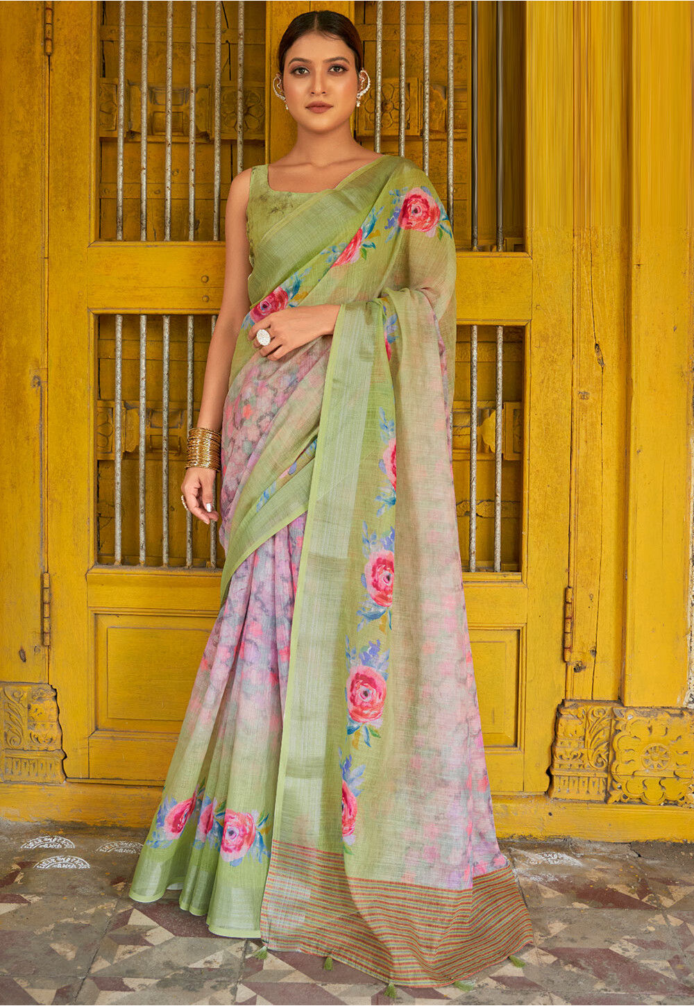 Buy Digital Printed Linen Saree In Multicolor Online Syc11229 Utsav Fashion