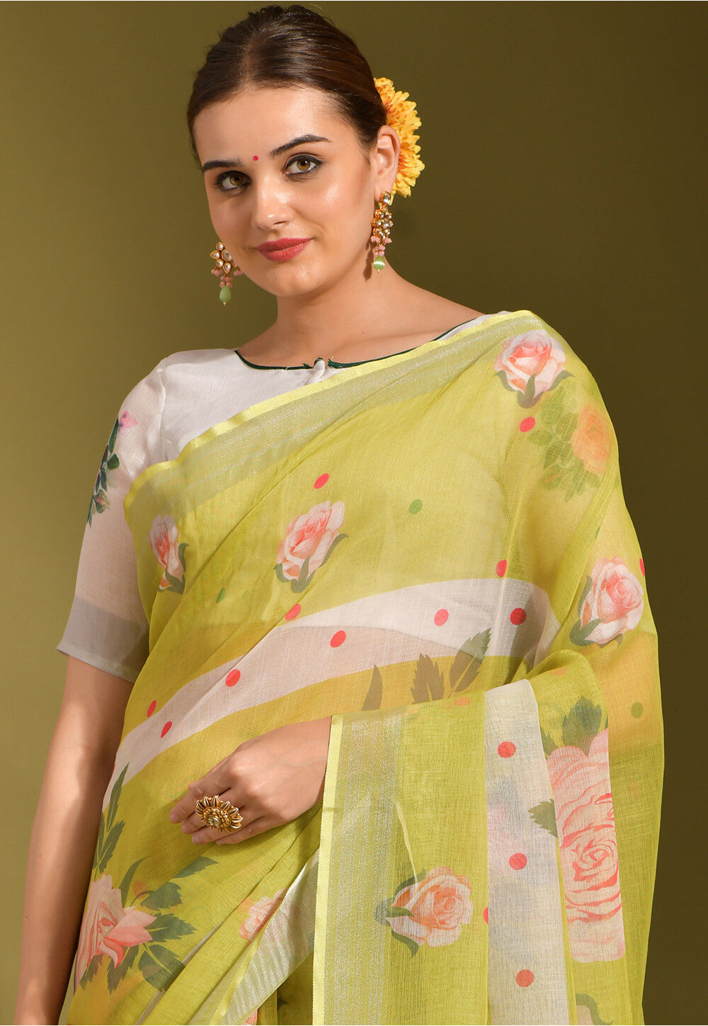 Digital Printed Linen Saree in Yellow SPF6845