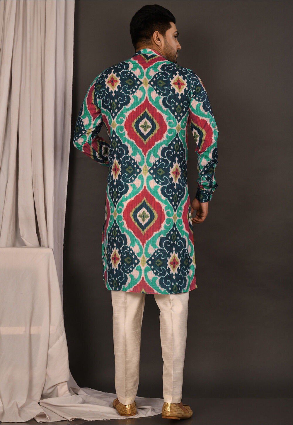 Pure Linen Silk Kurta Set - Geometric Print main image 1