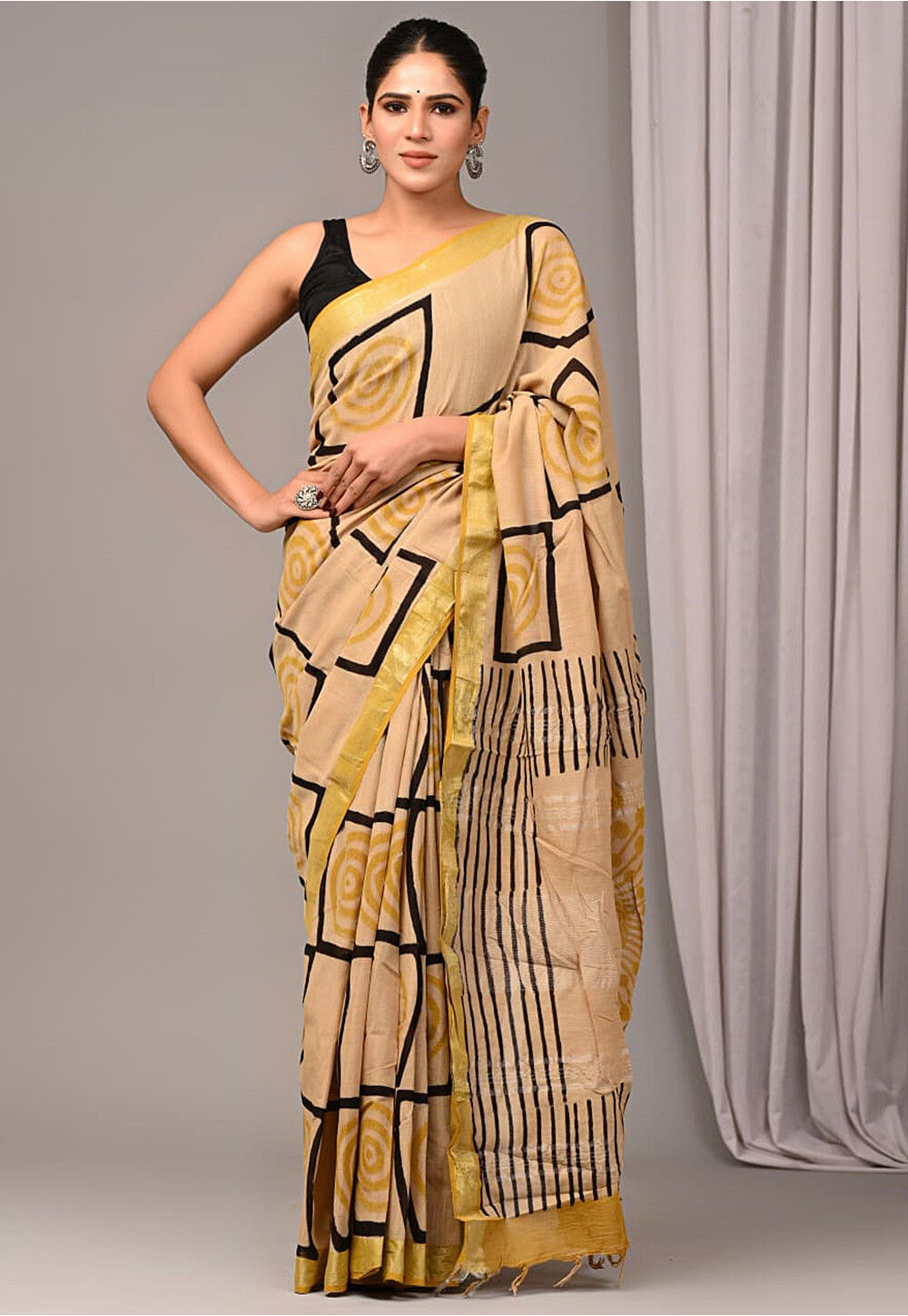 Designer Beige Floral Printed Linen Silk Saree ND07