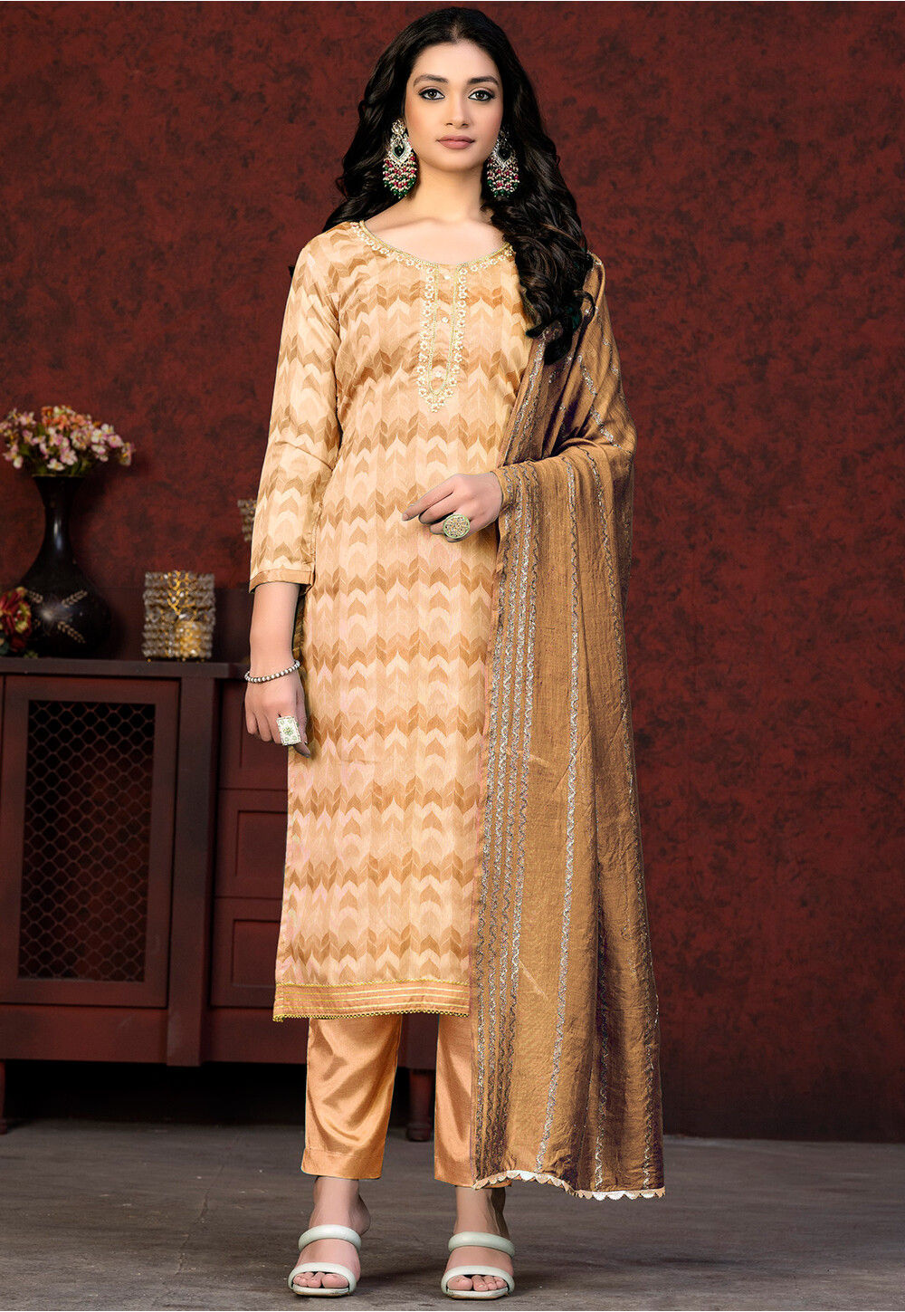 Digital Printed Modal Cotton Pakistani Suit in Light Orange : KYE2390