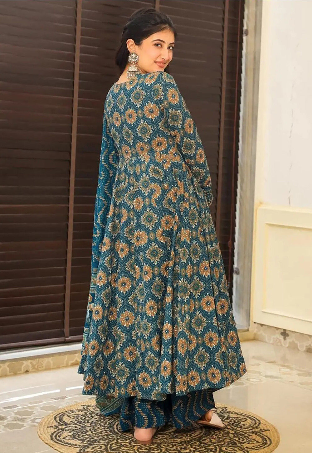 Line Patterned Suit Buy Digital Printed Muslin Cotton A Line suit in Teal Blue Online ...