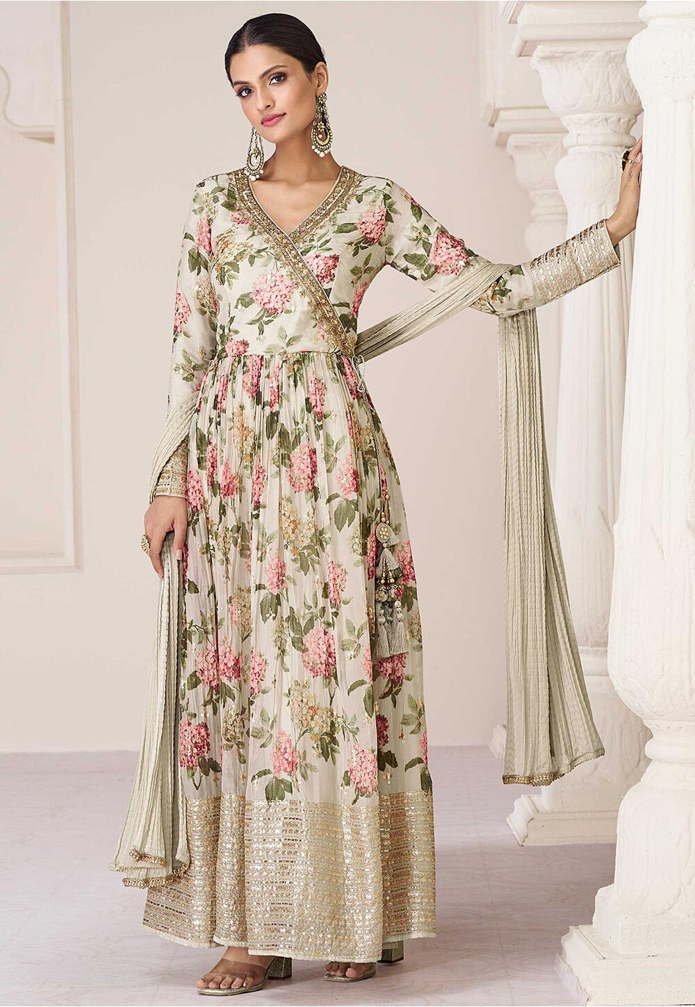 Digital Printed Muslin Silk Abaya Style Suit in Cream KCH11402