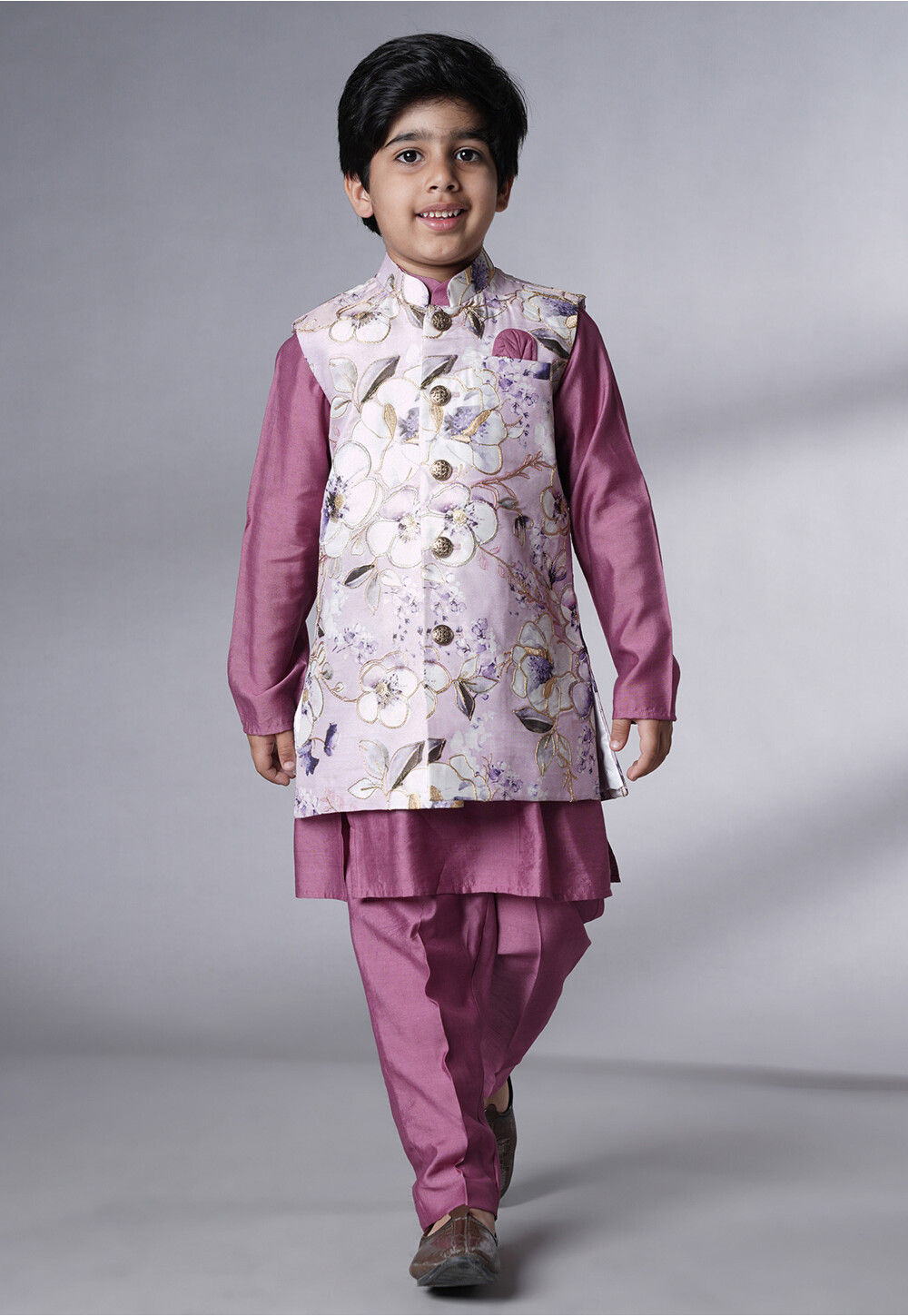 Purple Printed Silk Kurta Set