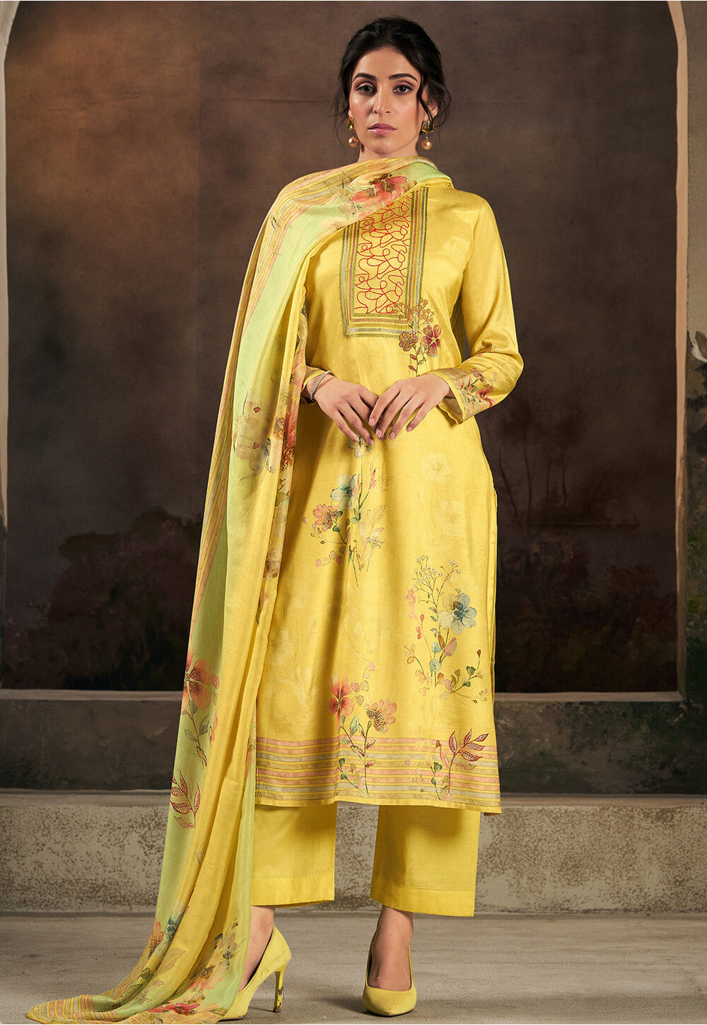 Yellow  Printed Muslin Silk Fabric main image 1