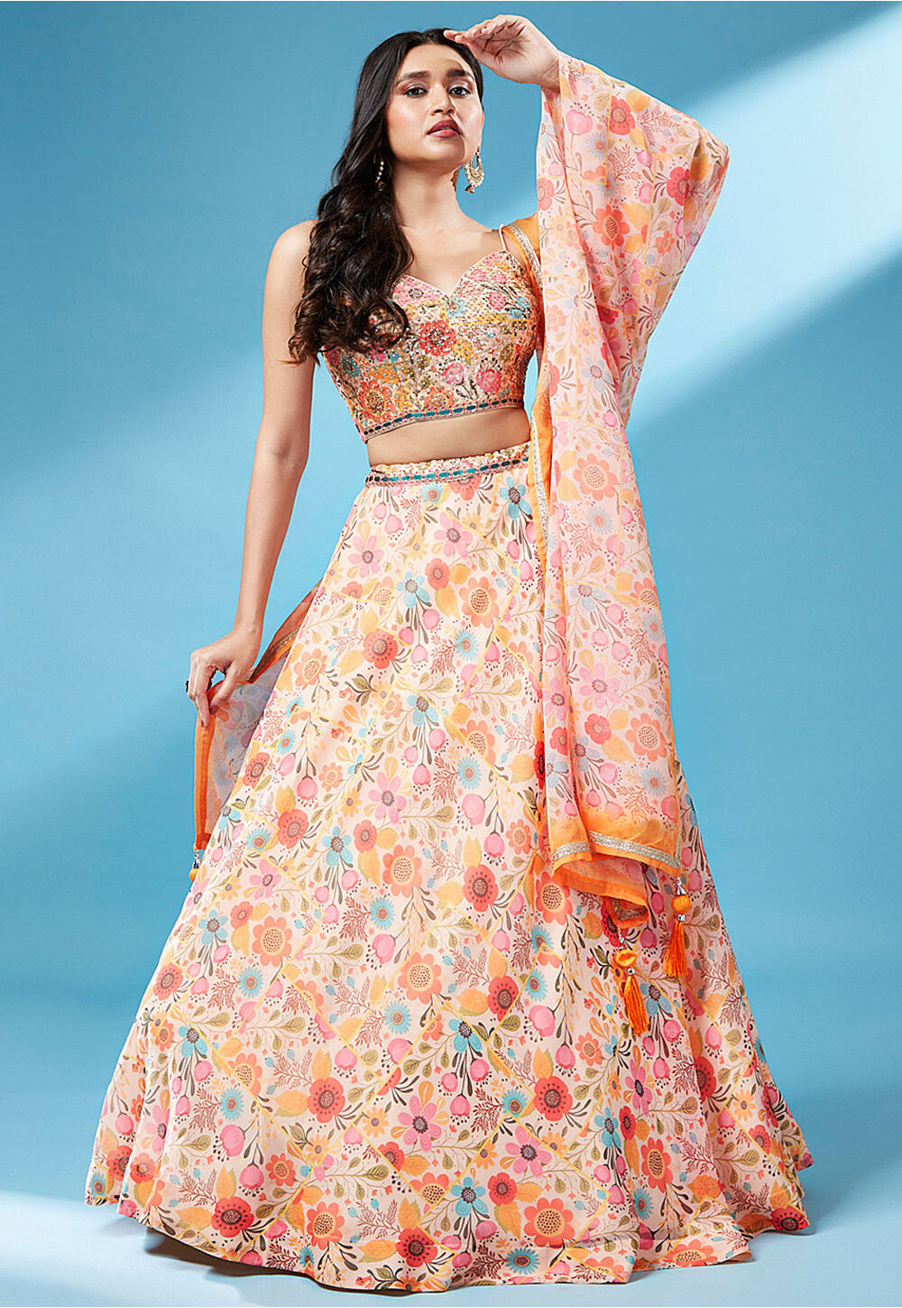 Buy Digital Printed Organza Lehenga In Peach Online LQY1834 Utsav 