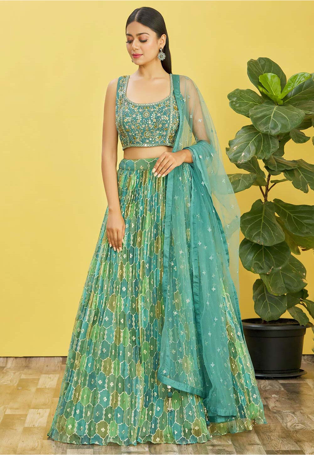 Buy Digital Printed Organza Lehenga In Teal Green Online LCZ179 