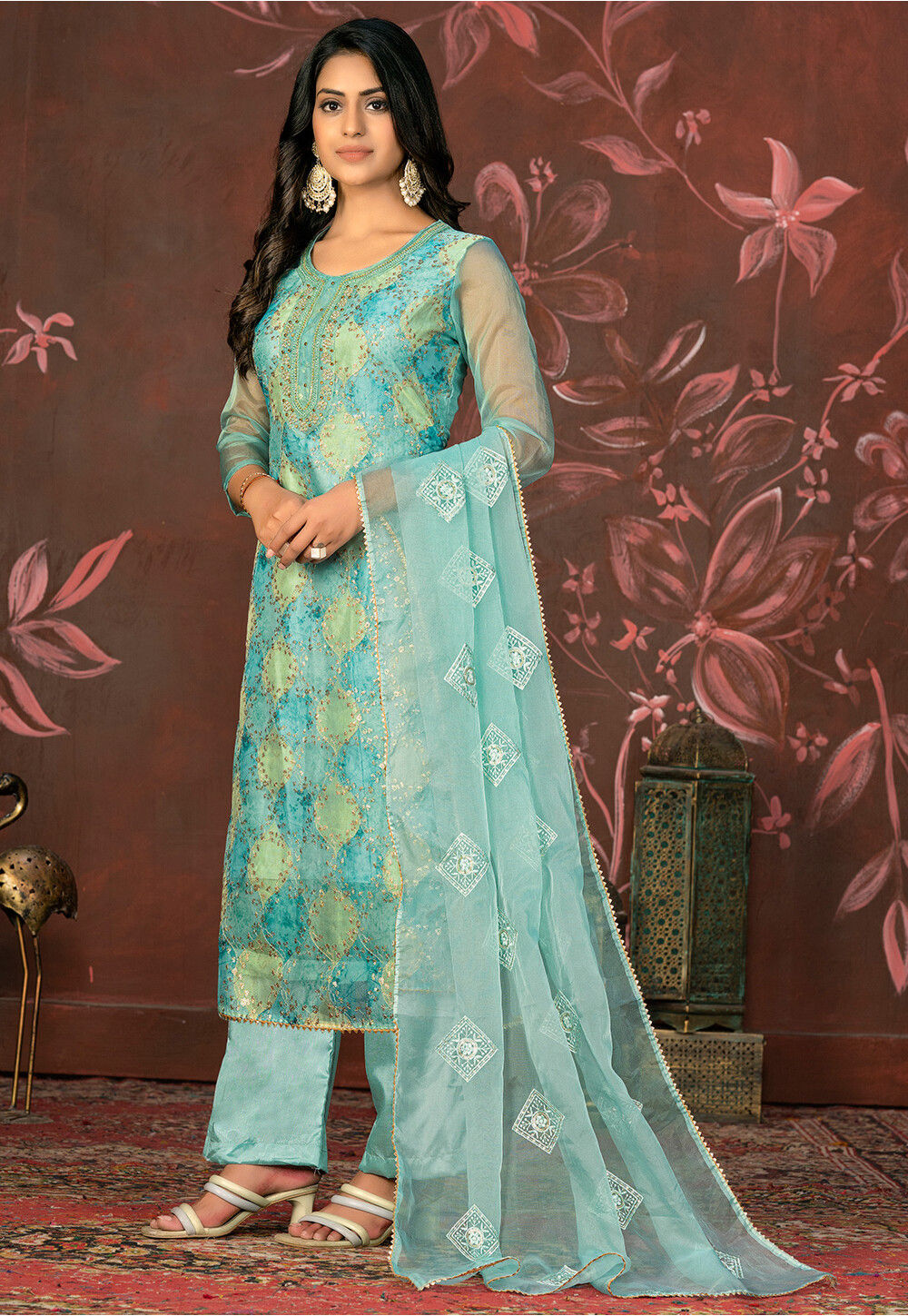 Blue Organza Pant Salwar Suit main image 1