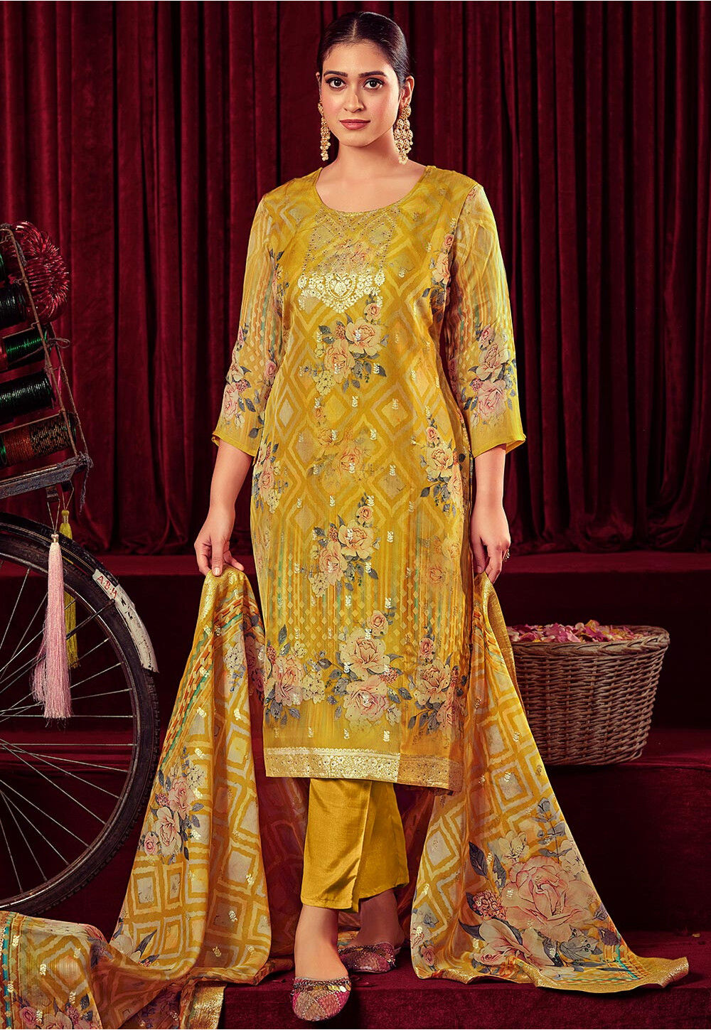 Mustard Shimmer Unstitched Salwar Suit With Organza Dupatta main image 0