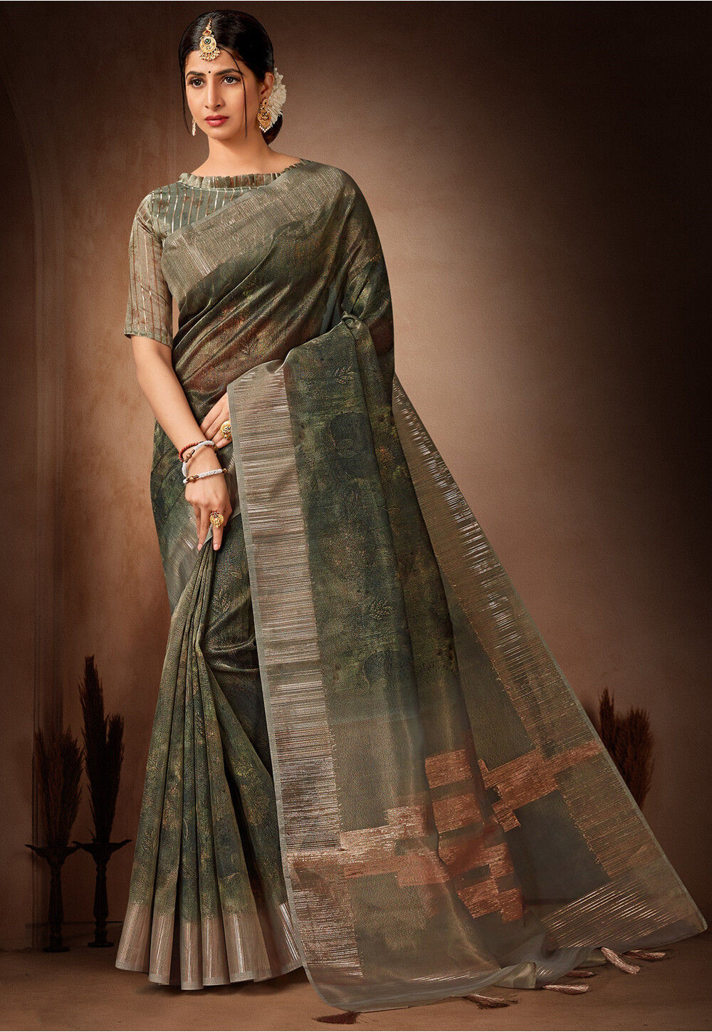 Buy Digital Printed Organza Saree in Dark Green Online SCBA5144