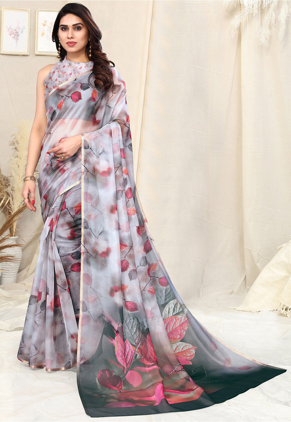 Premium Organza Satin Patta Saree with All-Over Digital Floral Print-White main image 0