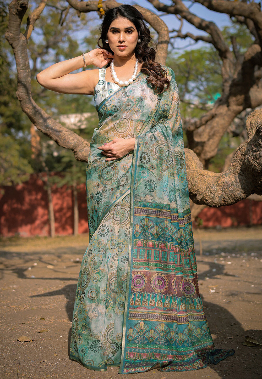 Aastha Fashion Women's Maroon Digital Printed Organza Saree with Blouse