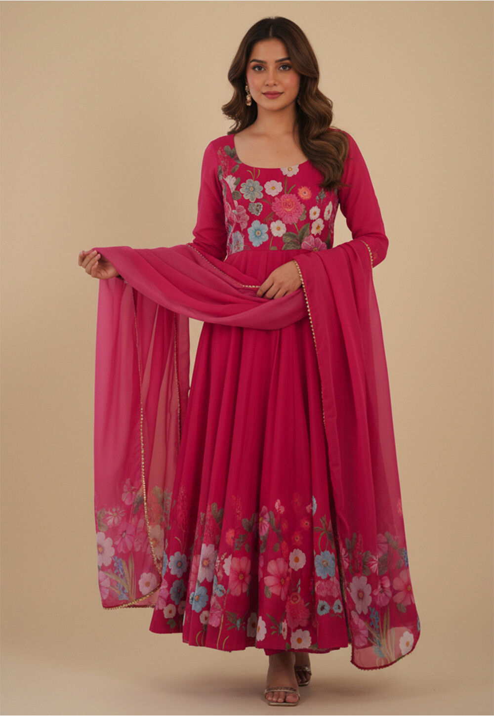 Buy Digital Printed Organza Silk Anarkali Suit in Fuchsia Online ...