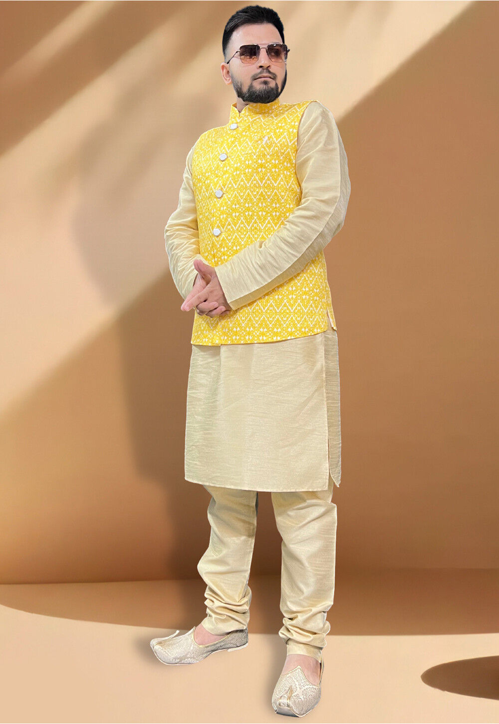 Multi Colour Bootie Nehru Jacket with Yellow Kurta & Pant - Babeehive