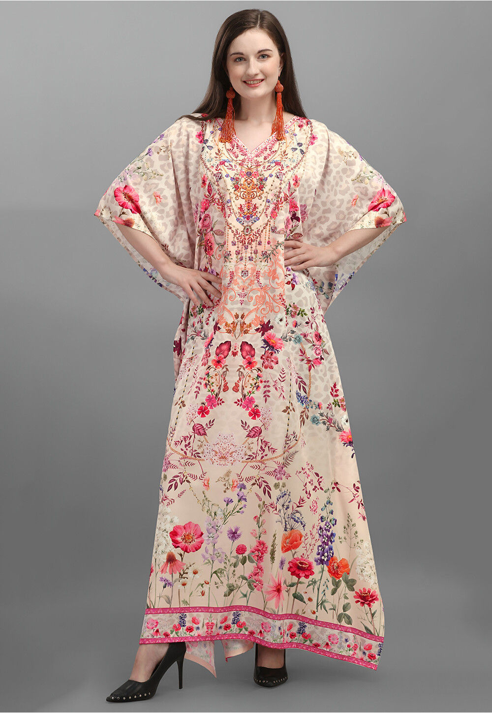 strapless open back dress Black Printed Polyester Midi Kaftan Dress