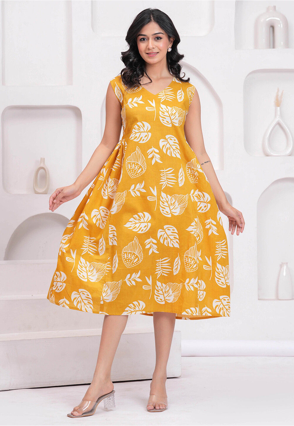 Buy Digital Printed Pure Cotton A Line Dress in Mustard Online : TUV1503 -  Utsav Fashion
