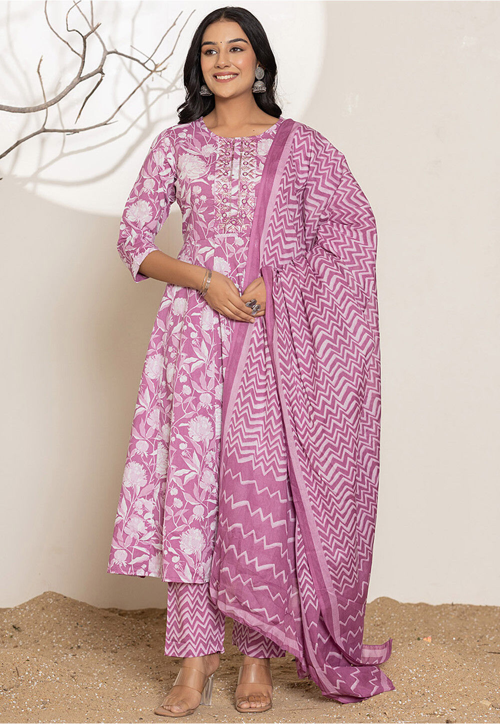 Line Patterned Suit Buy Digital Printed Pure Cotton A Line Suit in Light Purple Online ...
