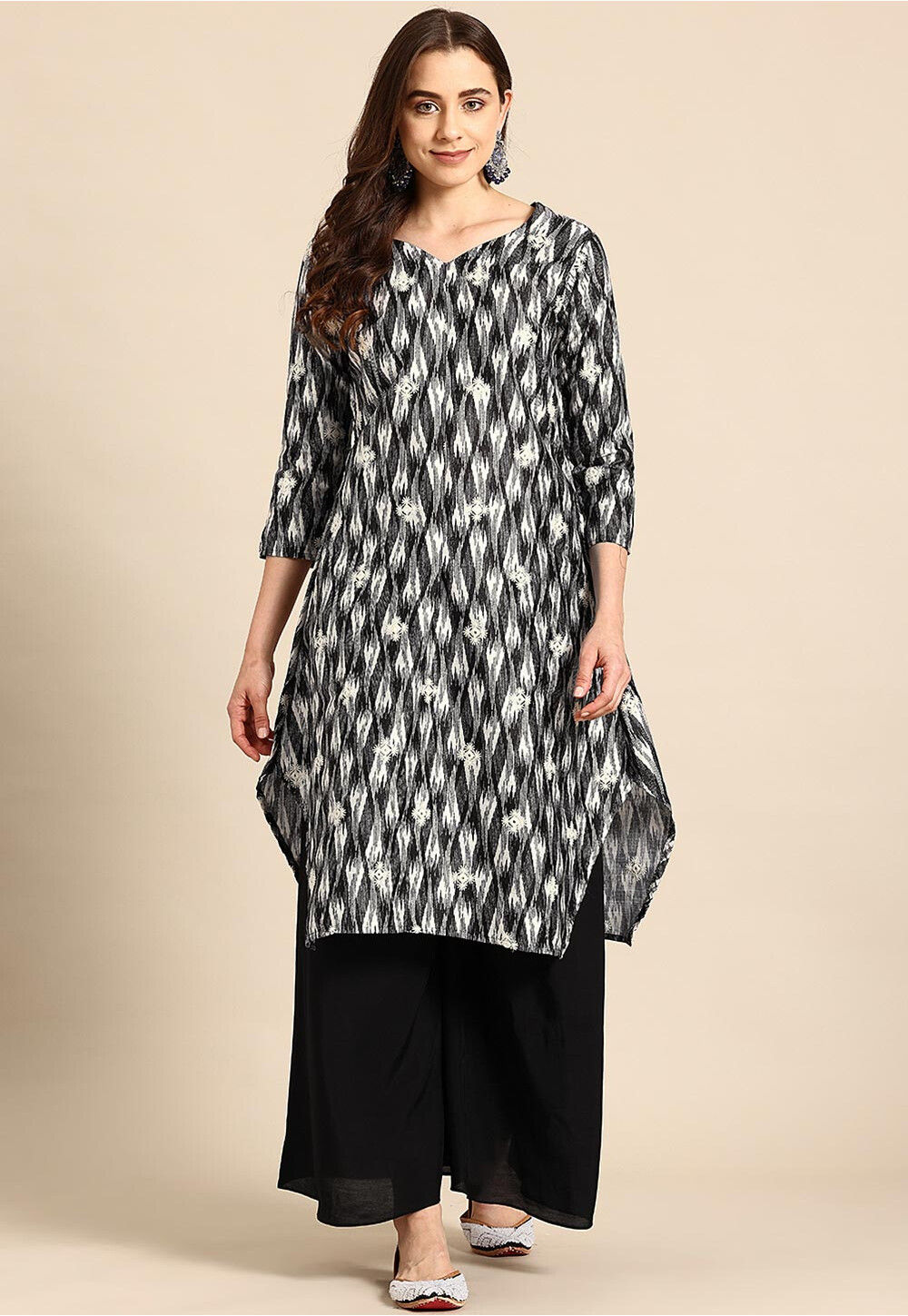 Digital Printed Pure Cotton Asymmetric Kurta Set in Black and White